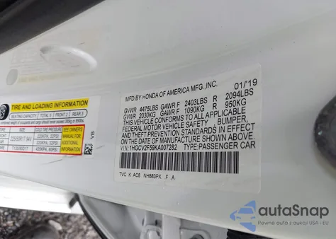 2019 Honda Accord Ex-L 2.0T z USA, uszkodzony, nr VIN 1HGCV2F59KA007282